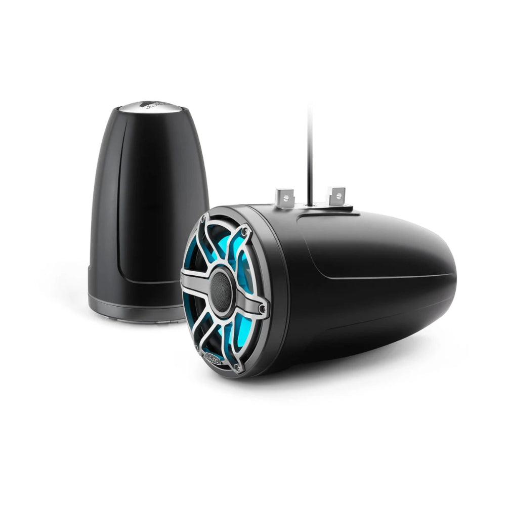JL Audio M6 010-03281-00 enclosed tower speakers 8.8in with RGB LED in titanium, black pods, one lit aqua