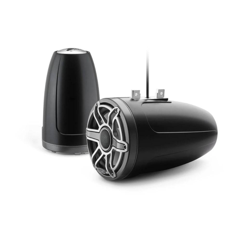 JL Audio M6 010-03284-00 enclosed tower speakers 8.8in with titanium sport grille, black pods, front view