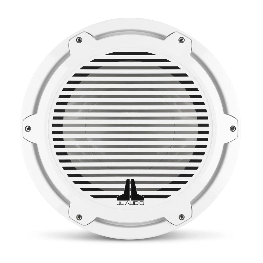 JL Audio M7 010-03285-00 12in marine subwoofer in white classic, front view of slatted grille and JL logo