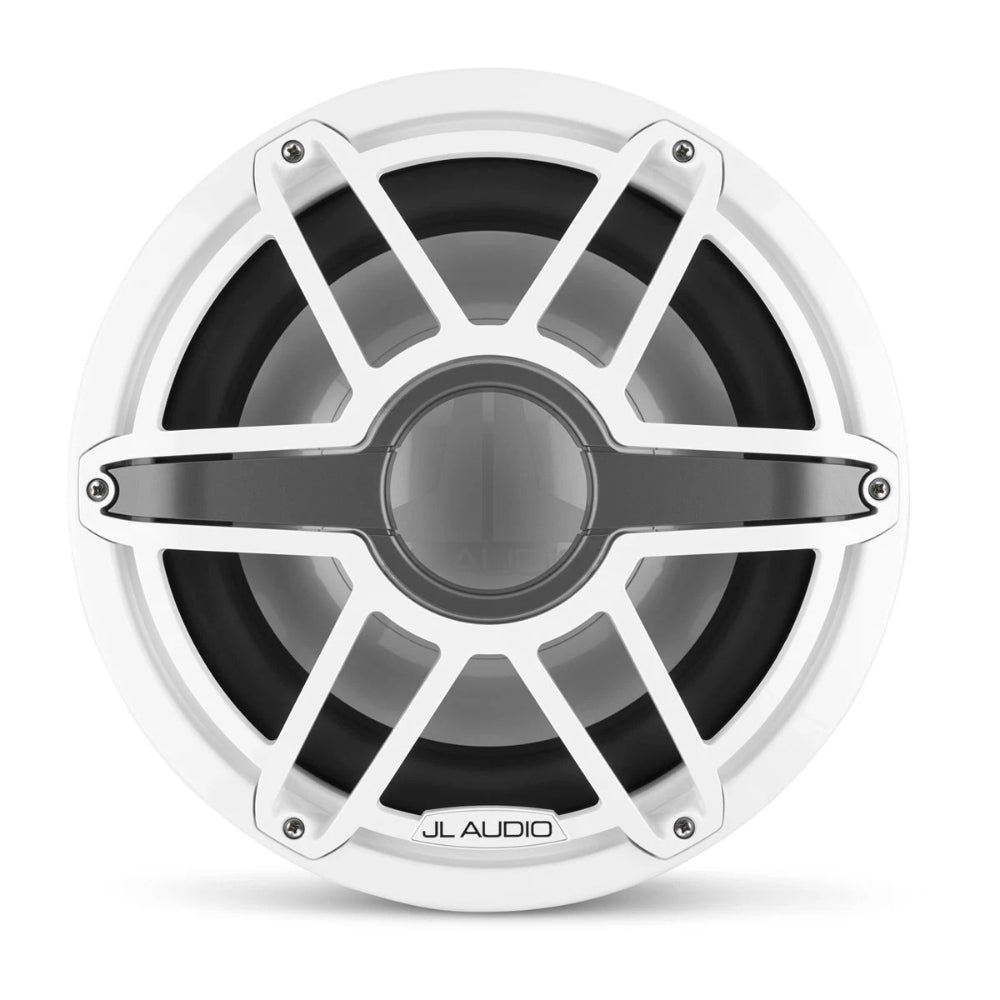 JL Audio M7 010-03286-00 12in marine subwoofer with white sport grille, front view of cone and dust cap