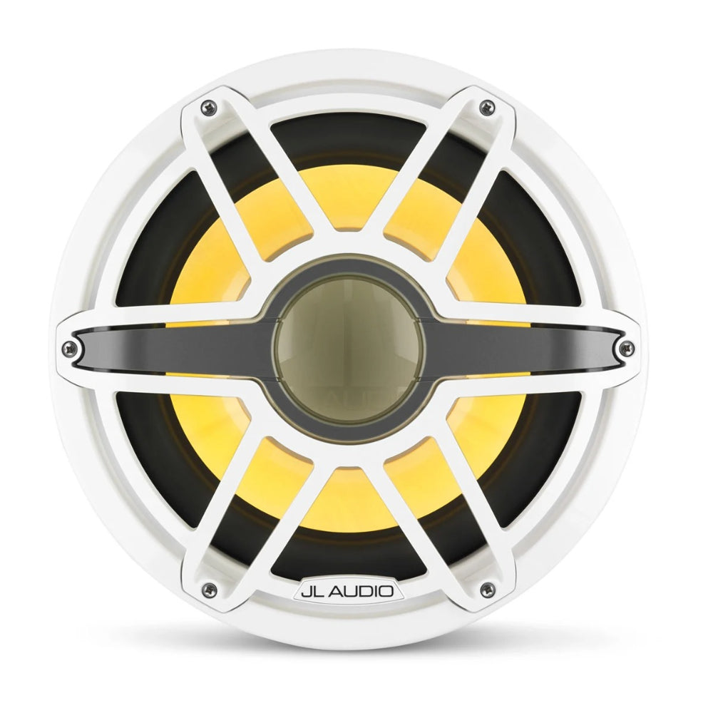 JL Audio M7 010-03287-00 12in marine subwoofer with RGB LED, white sport grille lit yellow, front view