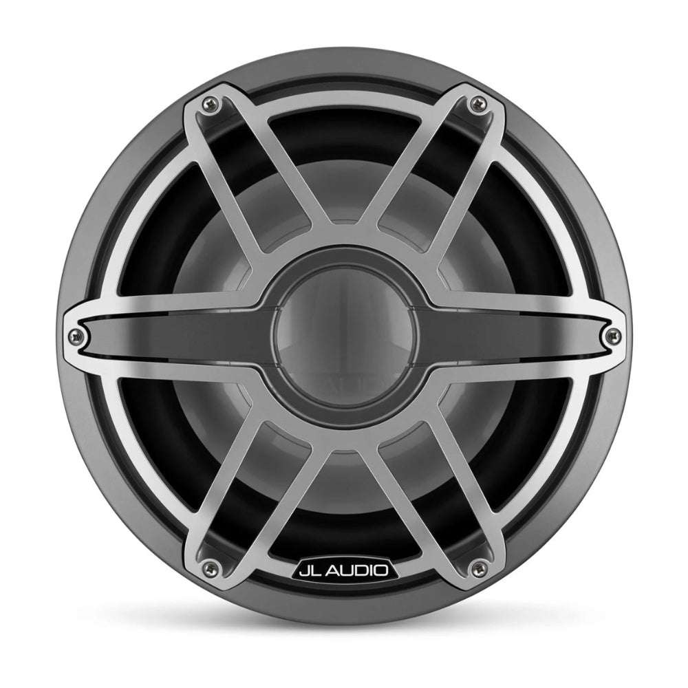 JL Audio M7 010-03288-00 12in marine subwoofer with titanium sport grille, front view of cone and grille