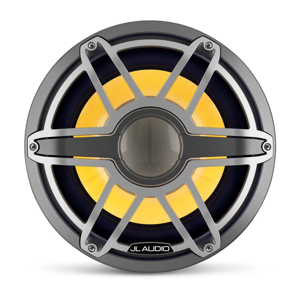 JL Audio M7 010-03289-00 12in marine subwoofer with RGB LED, titanium sport grille lit yellow, front view