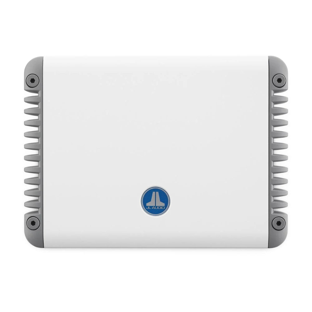 JL Audio MHD 010-03320-00 marine monoblock amplifier 1 channel 12V, white case with blue JL logo and grey ends