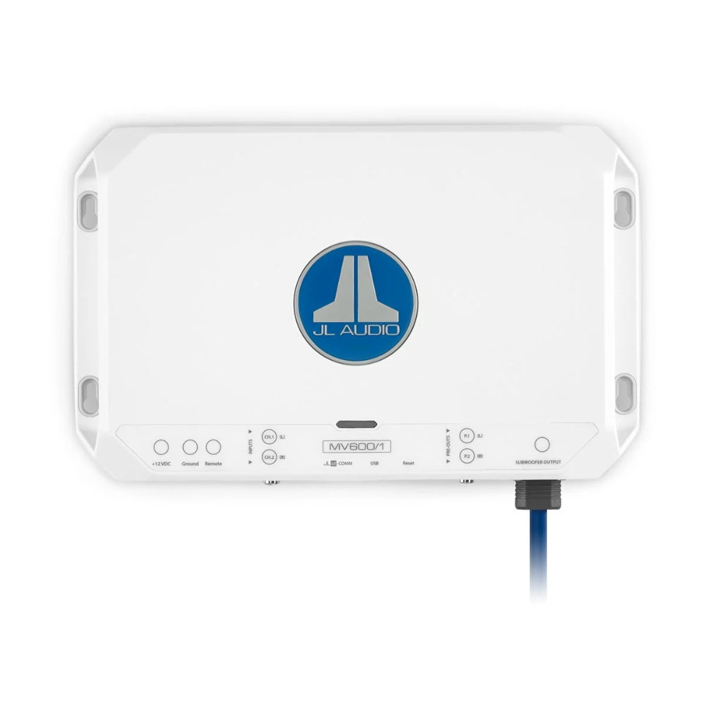 JL Audio MVi 010-03334-00 monoblock marine subwoofer amplifier, white case with blue JL logo and blue cable