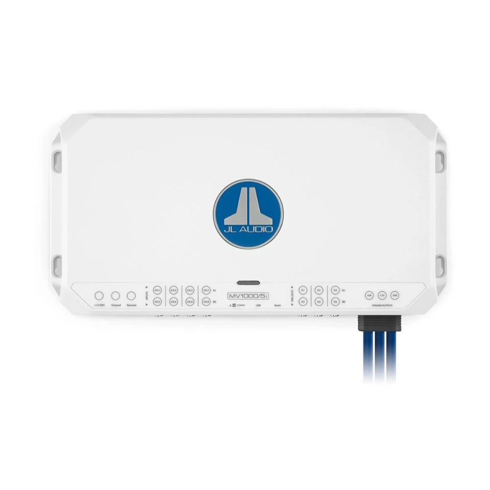 JL Audio MVi 010-03341-00 5 channel 1000W marine amplifier, white case with blue JL logo and blue cable