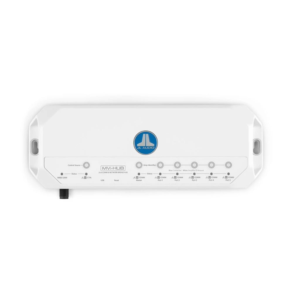 JL Audio JLid 010-03342-00 communication and network bridge for MVi amplifiers, white unit with blue JL logo