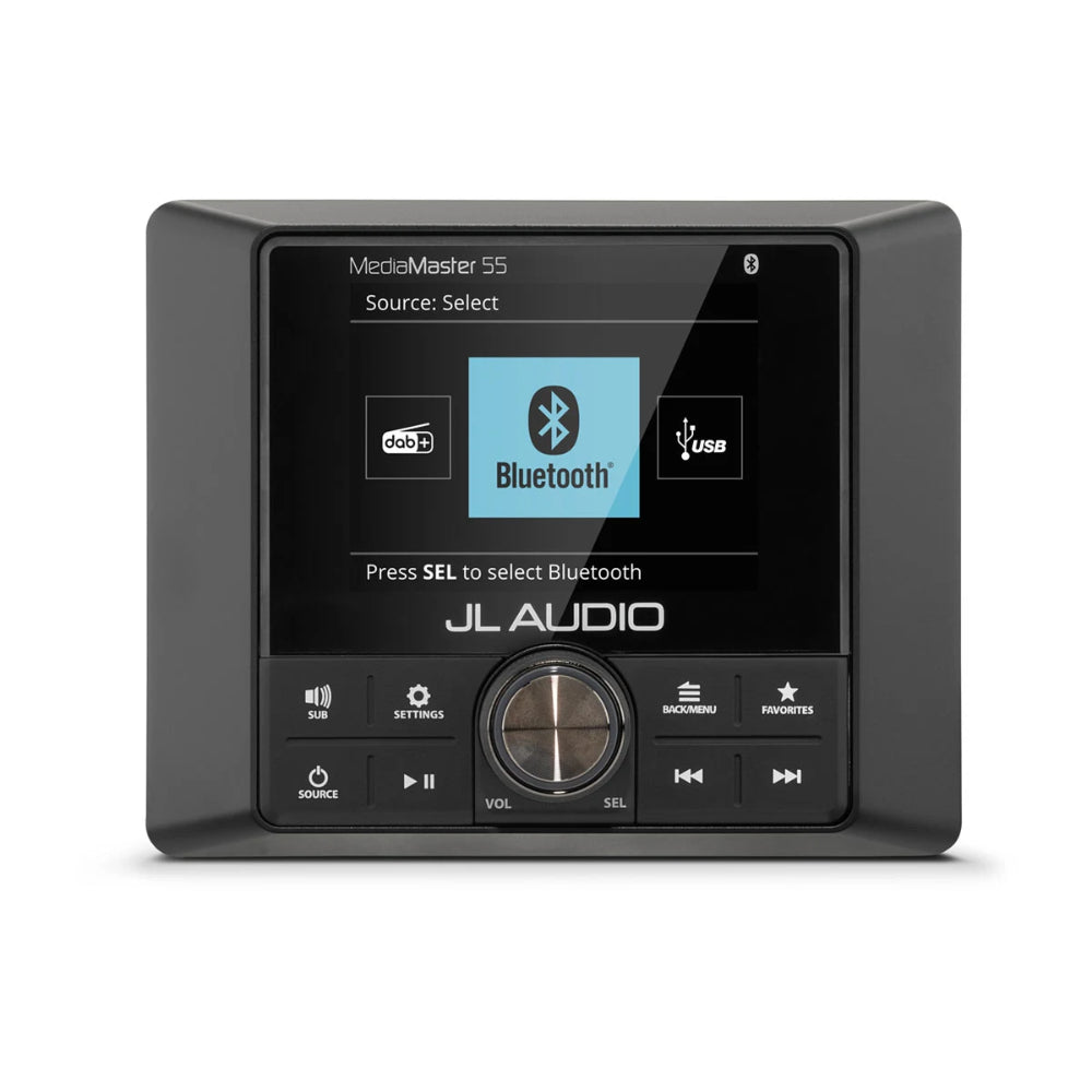JL Audio MediaMaster 55 010-03365-00 marine stereo with full colour LCD, black unit showing Bluetooth source