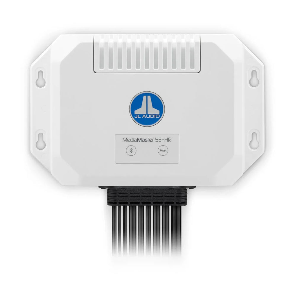 JL Audio MediaMaster 55 010-03372-00 hideaway marine stereo, white box with JL logo and a bundle of wires