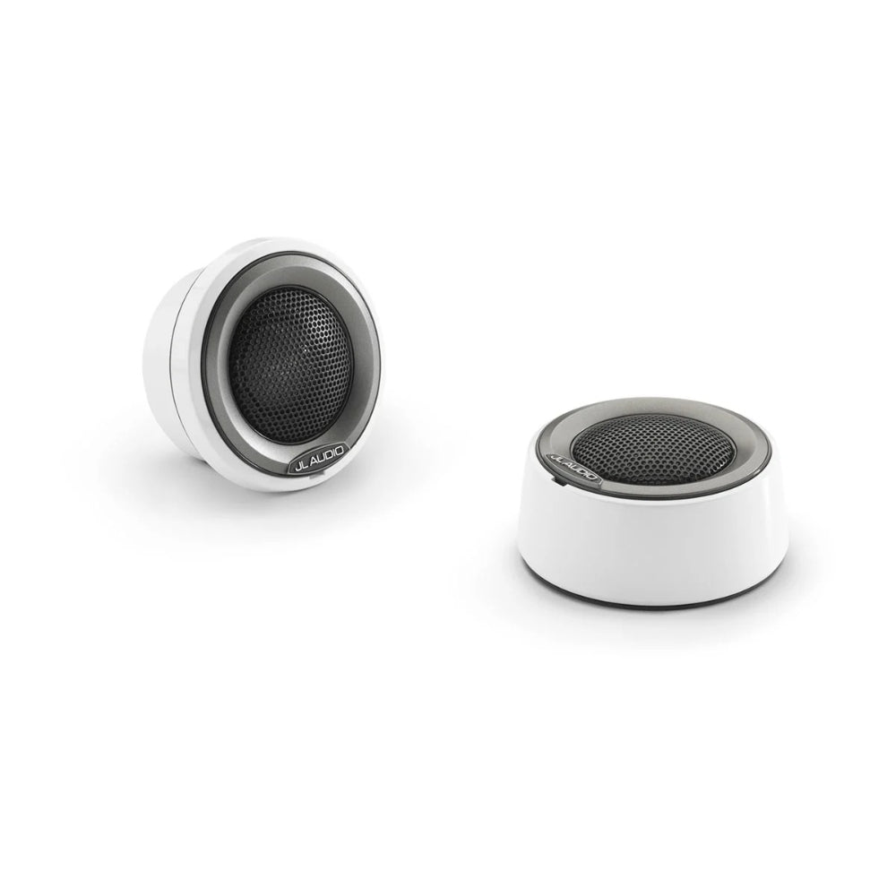 JL Audio M6 010-03500-00 marine component tweeter 1in in grey sport, two white tweeter pods with mesh domes