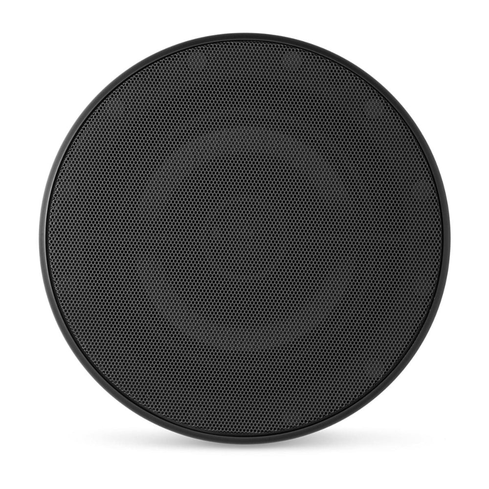 JL Audio M6 010-03866-00 7.7in marine speaker with black luxe grille, front view of round perforated cover
