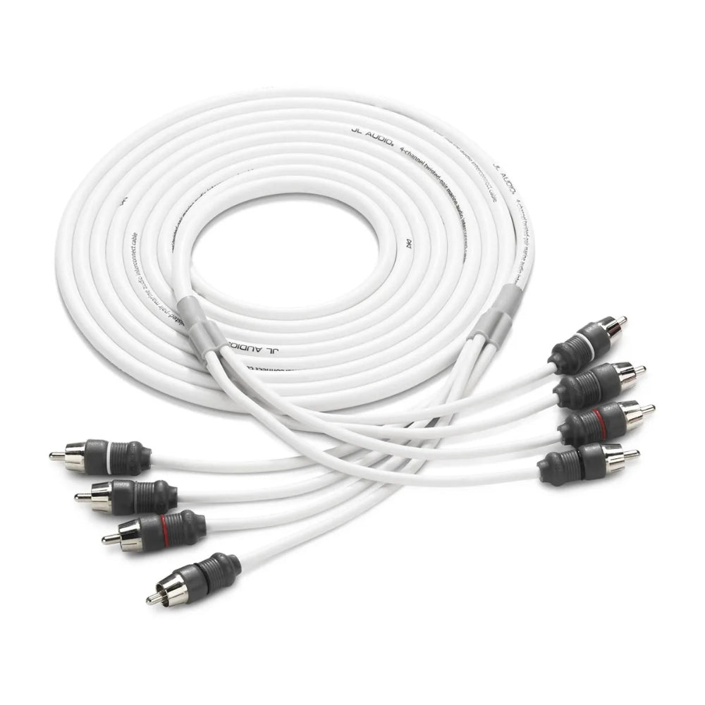 JL Audio 010-13474-00 marine audio interconnect 4-channel, white cable coil with four RCA plugs on each end