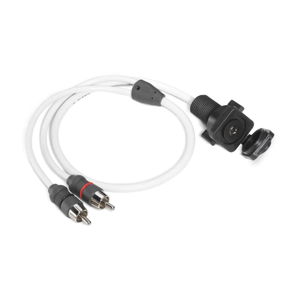 JL Audio 010-13564-00 panel-mount audio connector, 3.5 mm jack, white cable with RCA plugs and a black round socket