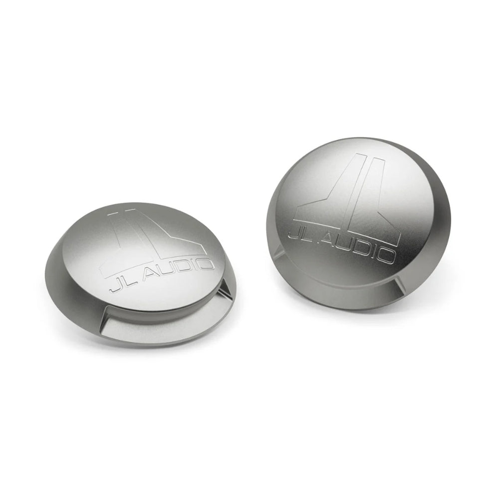 JL Audio 010-13700-00 enclosed tower speaker light caps for 8.8in, pair of silver caps with JL logo
