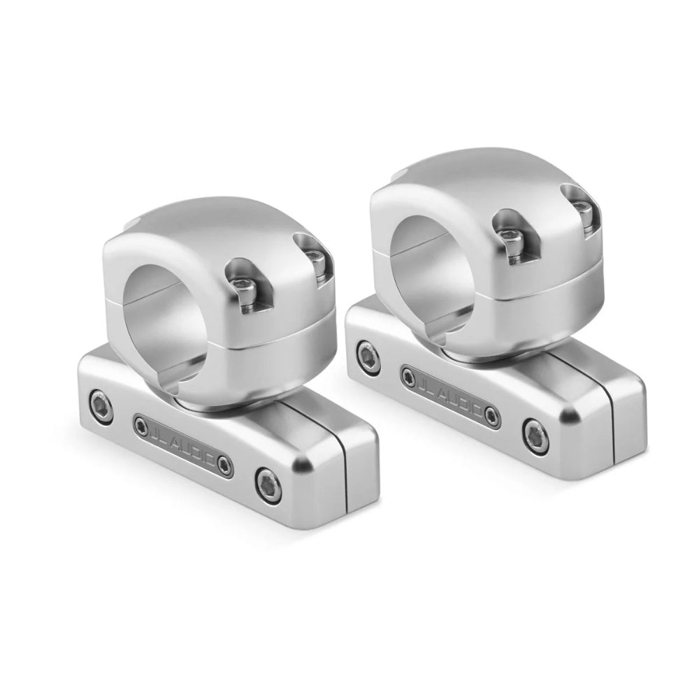 JL Audio 010-13716-00 mount fixture for enclosed tower speaker, swivel pipe mounts, pair of polished silver clamps