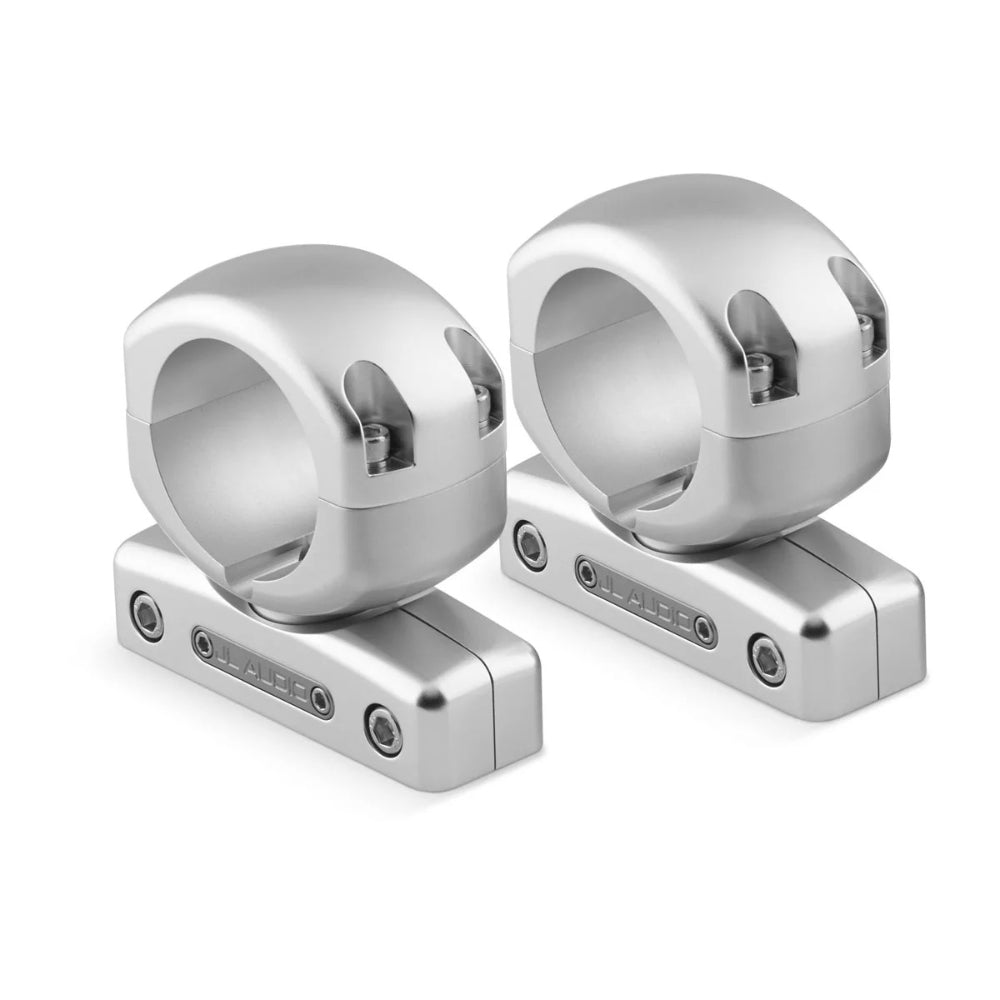 JL Audio 010-13720-00 M6 enclosed tower speaker swivel pipe mounts for 2.37in pipe, pair of silver clamps