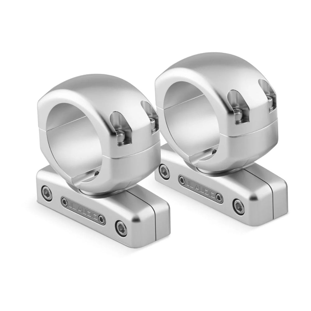 JL Audio 010-13721-00 M6 enclosed tower speaker swivel pipe mounts for 2.5in pipe, pair of polished silver clamps