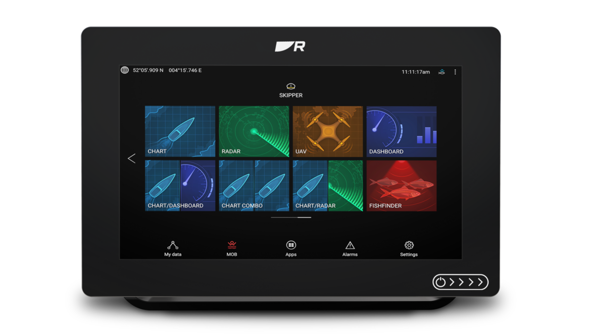 Raymarine Axiom+ 9 E70636-00-MED multifunction display, front view with the app home screen showing