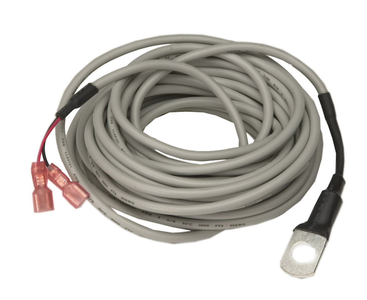 Battery temperature sensor 30 ft, MC-TS-B30, coiled grey lead with a ring terminal and red spade terminals