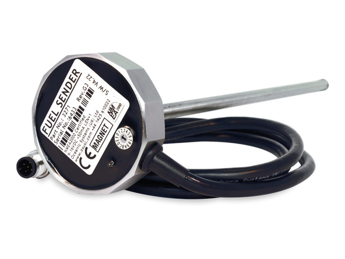 Oceanic Systems NMEA 2000 stainless fuel sender, TS-OS-F-NPT-3271-1000, round head labelled Fuel Sender with a rod and lead