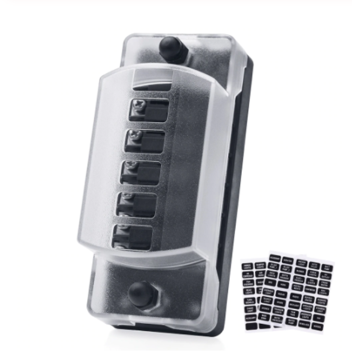DC fuse box 6 way compact, 3005358161038056, black fuse box with a clear cover, six blade fuse slots and a sheet of labels