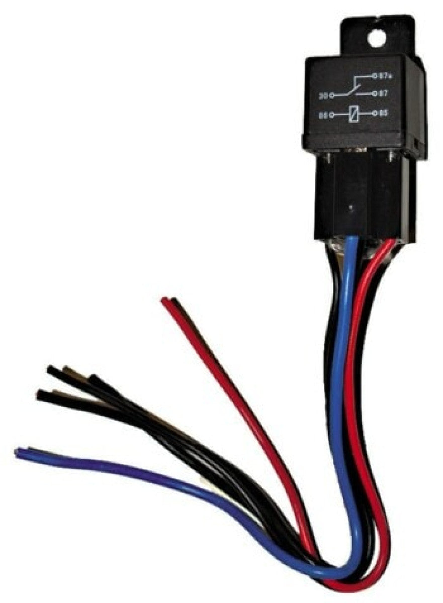 Universal lamp relay, ULR, black relay with a wiring harness of red, blue, black and white wires