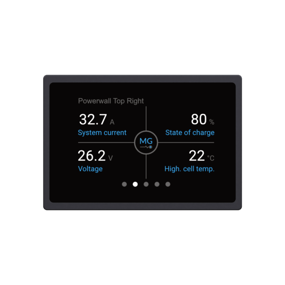 MG Energy Monitor, MGEMD010001, black display showing current 32.7 A, state of charge 80 percent, 26.2 V and cell temperature