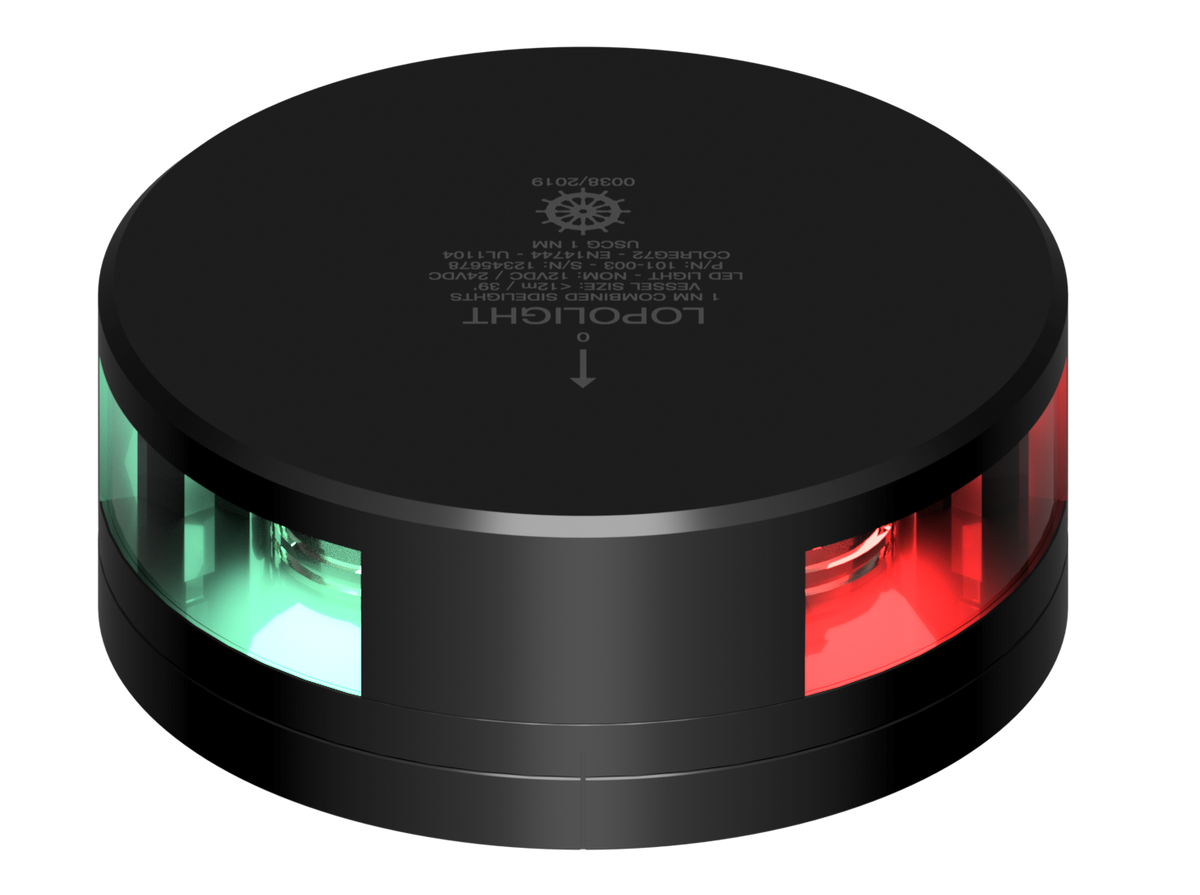 Lopolight NL101-003-FB combined sidelight, round black body with green and red lenses lit, flat-base mount, top view