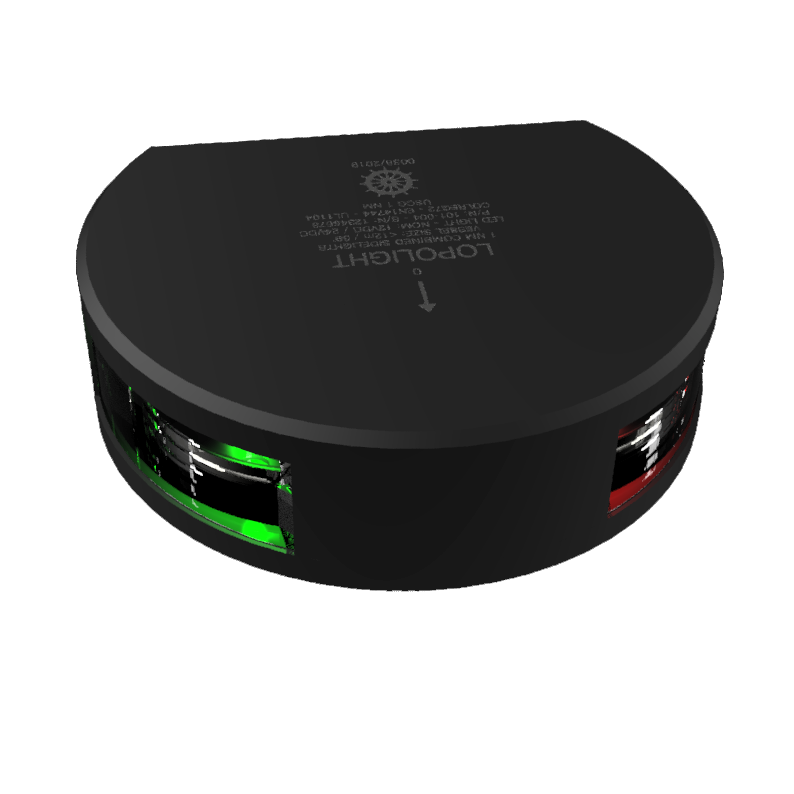 Lopolight NL101-004-B black combined sidelights, dark D-shaped body with green lens lit and red lens at right