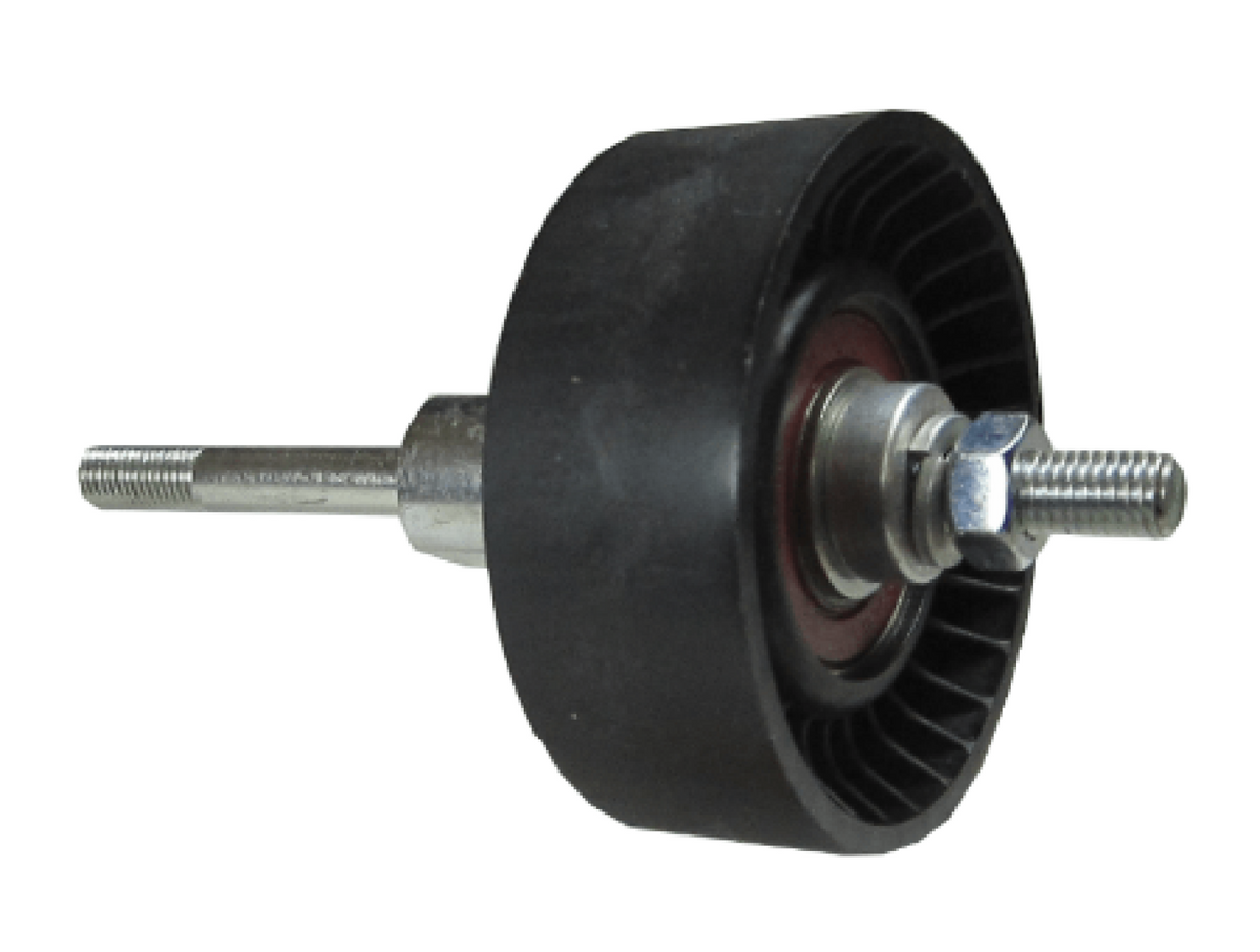 Yanmar JH idler pulley, 48-YP-IDL, black ribbed idler pulley on a long threaded bolt with a nut and washer