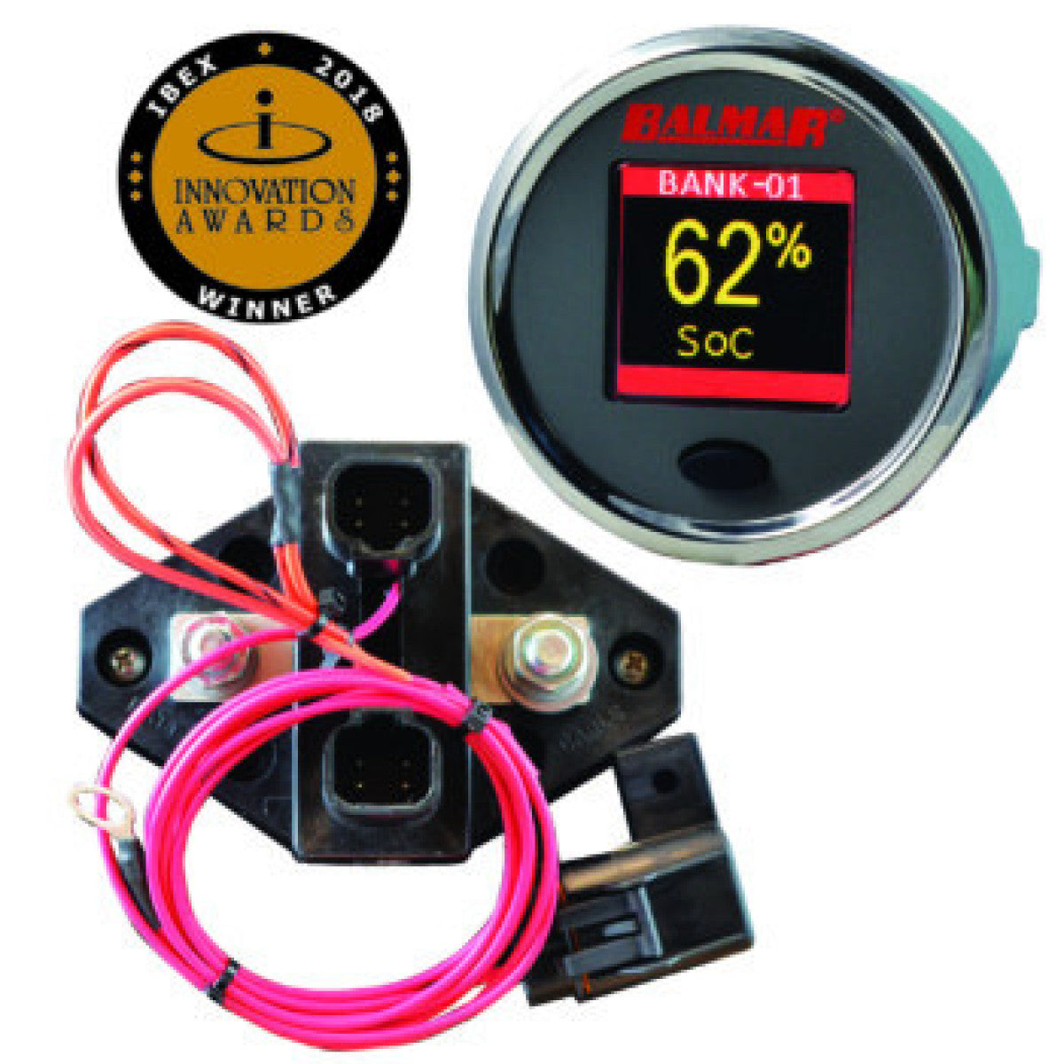 Balmar SG200 battery monitor kit 12-48V, SG200, round colour display showing 62 percent SoC, shunt module and pink leads