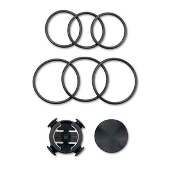 Garmin quarter-turn bike mount 010-11430-00, six rubber bands with the black mount base and cap shown on white