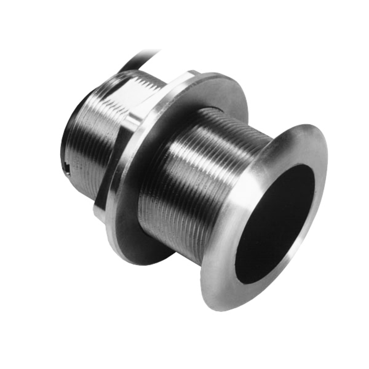 Raymarine SS60-12 depth transducer A80569 with CP370 connector, angled view of the stainless through hull body