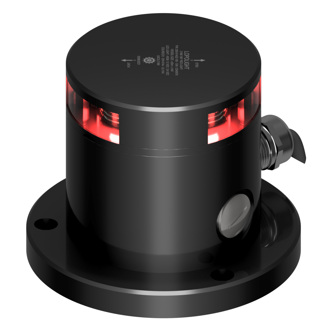 Lopolight NL300-114G2-PRO 180° black red light on round flange base with side cable gland, three-quarter view