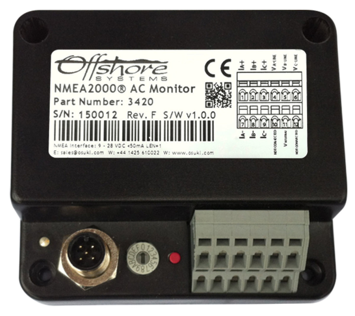 Oceanic Systems 3420 NMEA 2000 AC monitor, black box with a white label, a round plug, a rotary switch and a terminal block