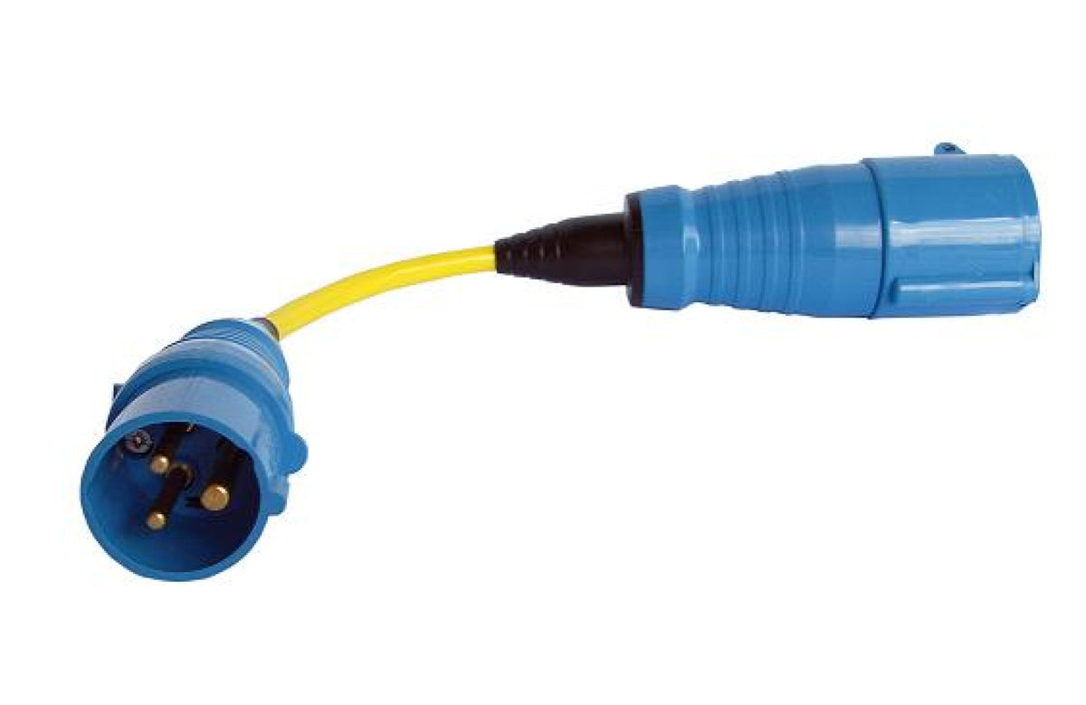 Ratio shorecord conversion set 16-32 amp, 70035, short yellow lead with a blue plug and a larger blue socket