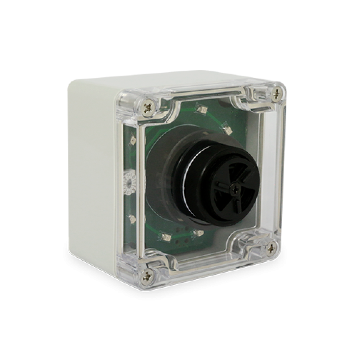 Oceanic Systems 5330 waterproof alarm sensor, grey box with a clear lid showing a green board and a black sounder
