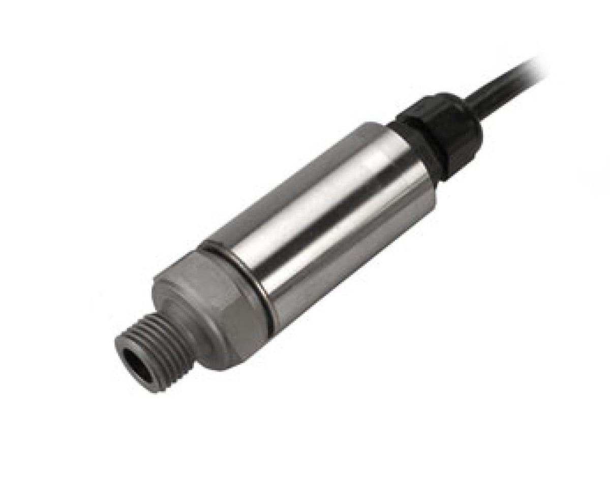 Oceanic Systems 4621 compact stainless steel pressure sensor, steel cylinder with a threaded fitting and a black cable