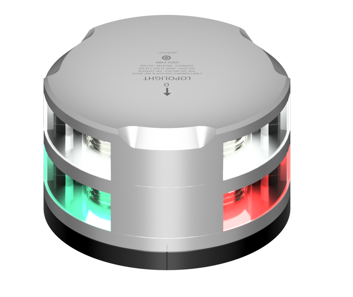 Lopolight NL201-003+012-FB 6M silver combined red and green side light with 360° white above, front view
