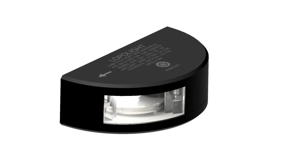 Lopolight NL201-011PS-B 15M black port-side only light, close side view showing single white lens window