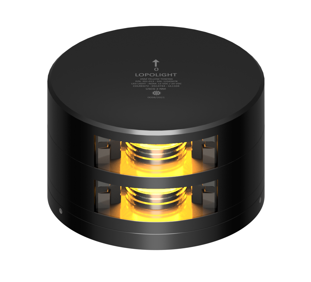Lopolight NL201-013ST-FB-B double-tier black yellow towing light, two lit amber lenses, front three-quarter view