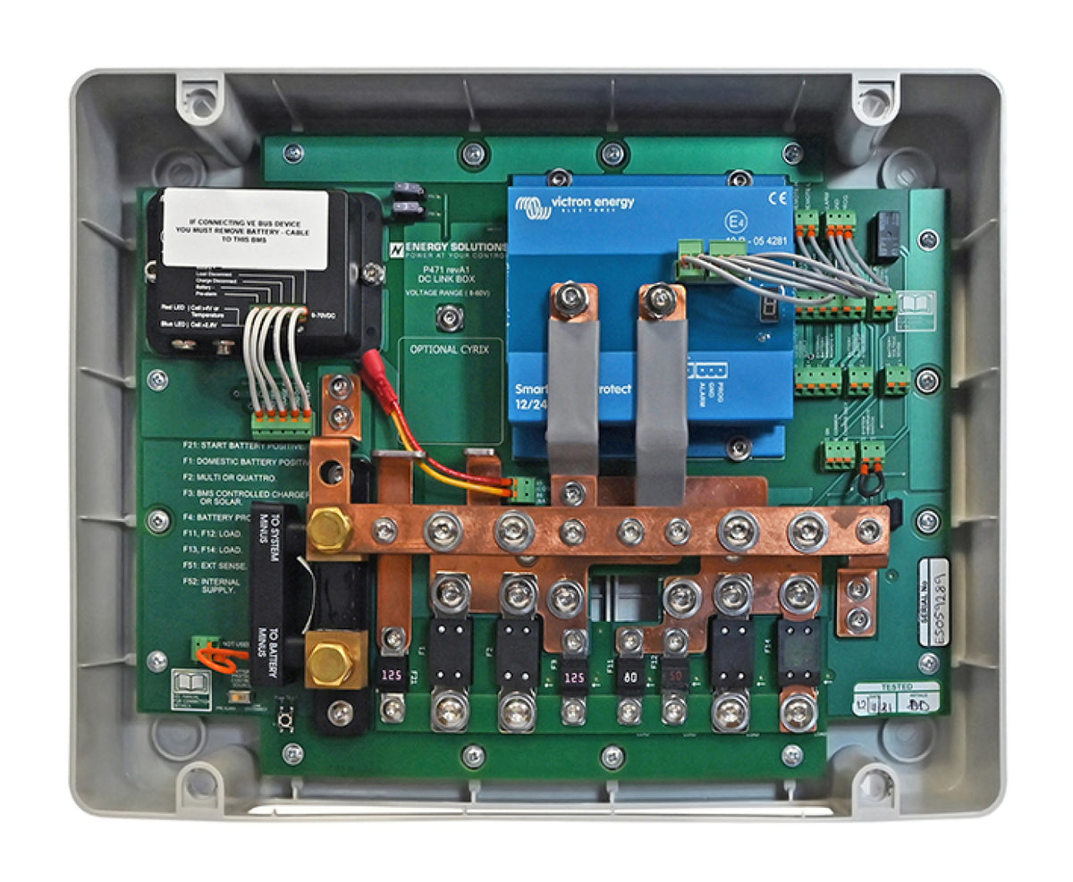 DC link box for Victron Smart lithium batteries, DC-LINK-ES-MID-SS, grey box open to show busbars, relays and a blue module