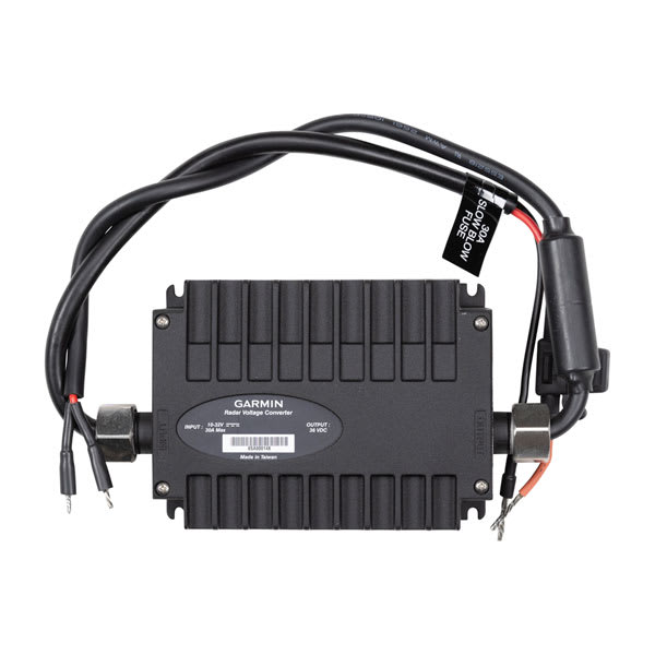 Garmin GMR voltage converter unit 010-13336-00, black ribbed aluminium box with power leads at both ends