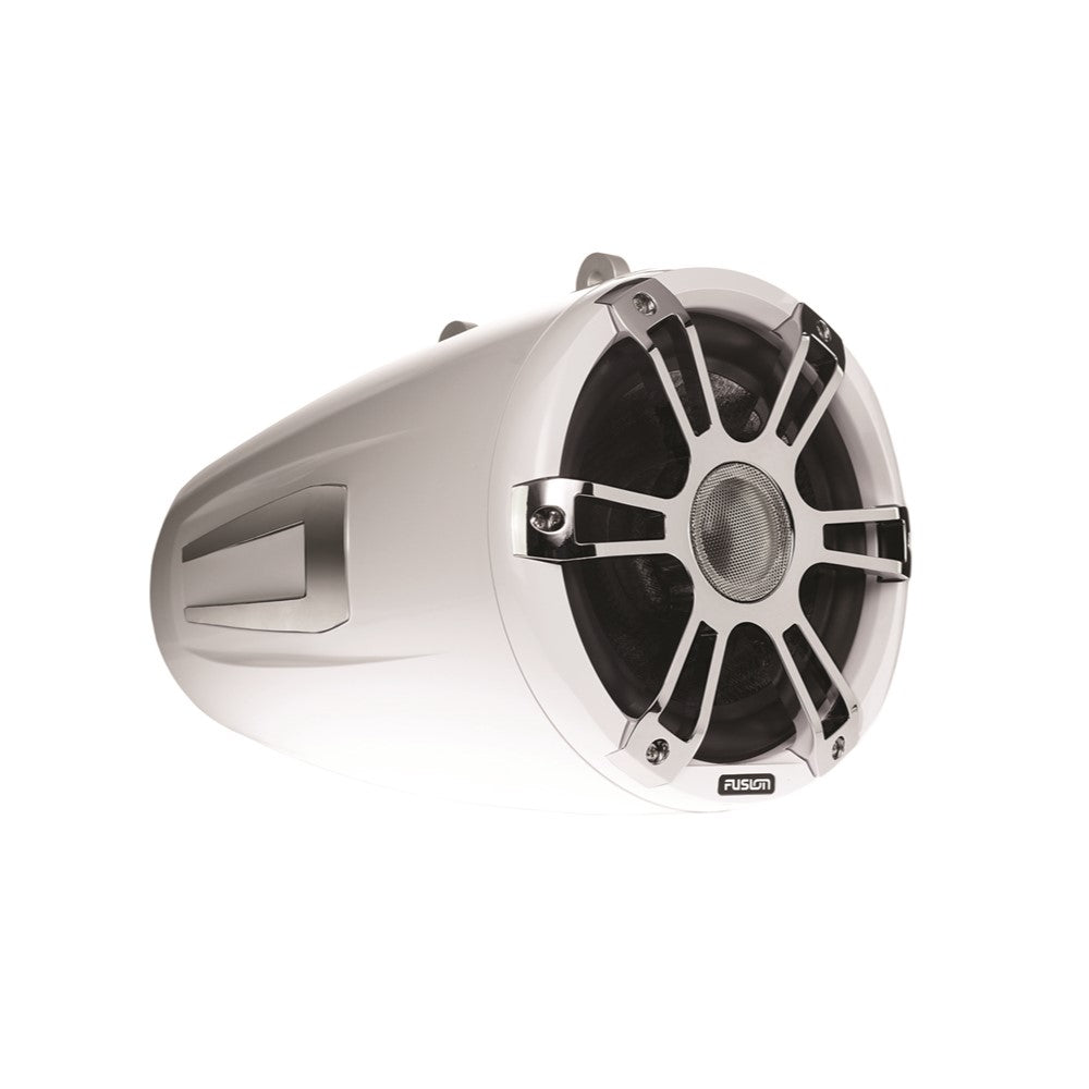 Fusion SG-FT88SPW 010-02082-10 wake tower speaker in white, tapered housing with sports grille, angled view