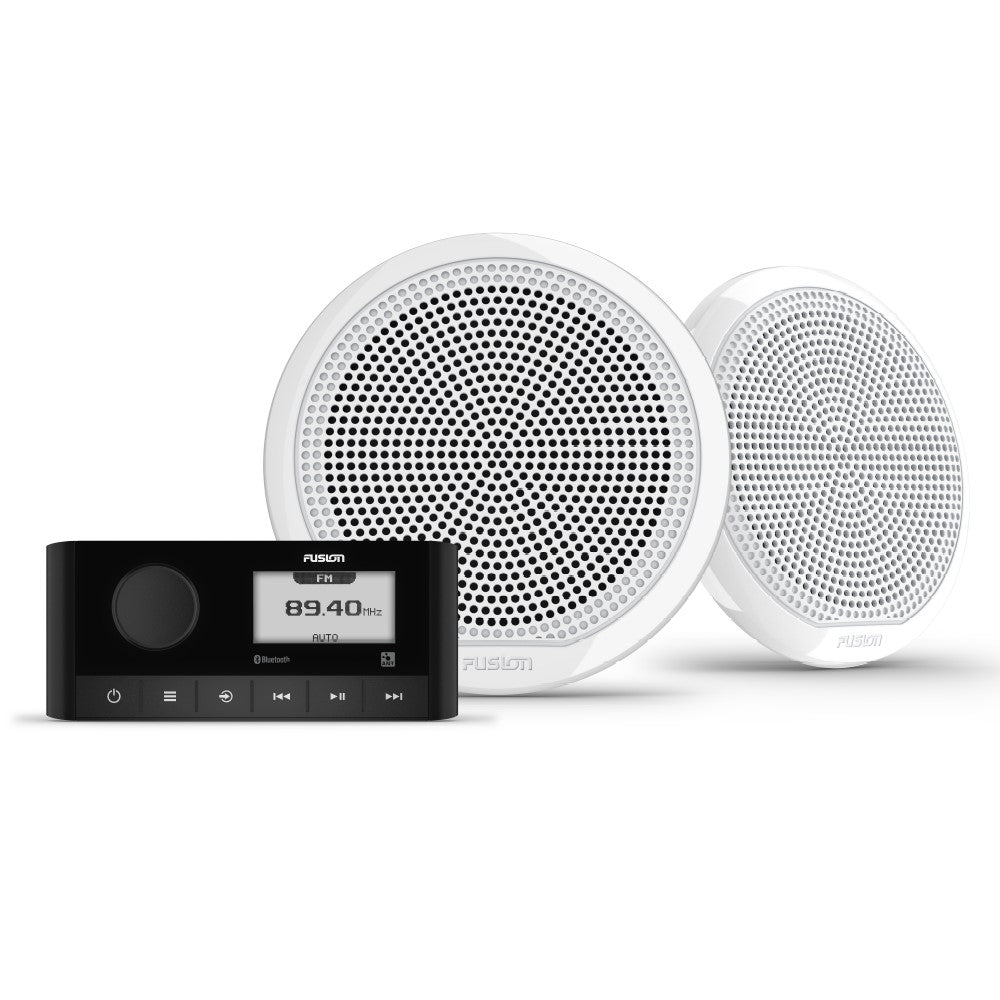 Fusion MS-RA60 010-02405-51 stereo with EL 6.5in 80W classic white speakers, stereo showing 89.40 FM and two speakers