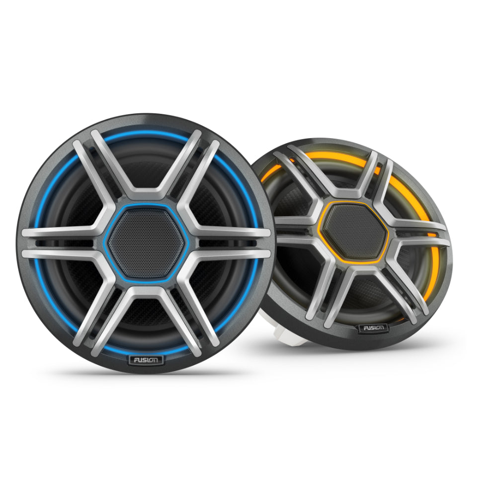 Fusion Apollo 010-02918-23 8.8in LED marine speakers with sports grille, grey pair lit blue and amber