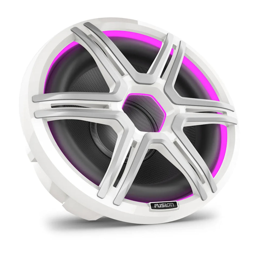 Fusion Apollo 010-02918-51 12in LED marine subwoofer, white sports grille lit magenta, angled front view