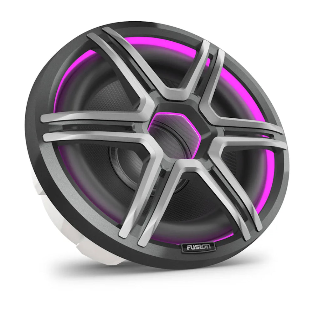 Fusion Apollo 010-02918-53 12in LED marine subwoofer, grey sports grille lit magenta, angled front view