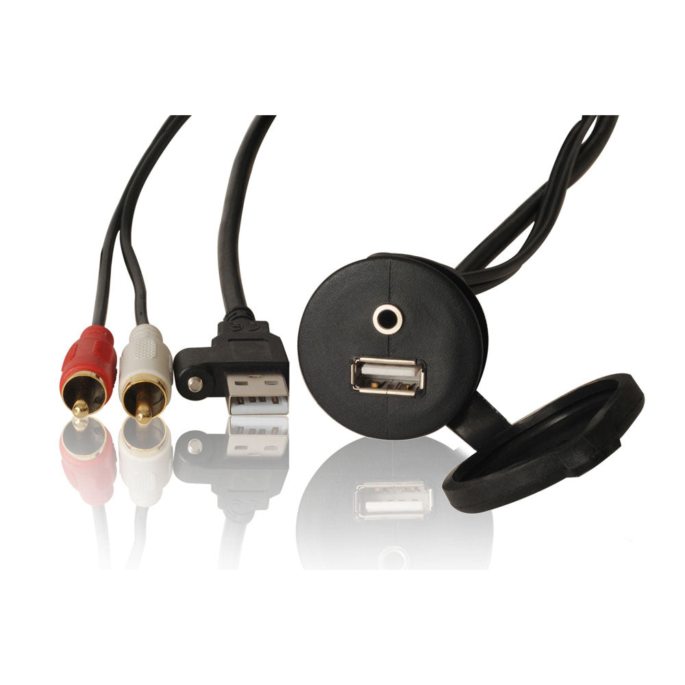 Fusion 010-12381-00 panel mount USB and 3.5 mm AUX connector, black round panel socket with RCA and USB leads