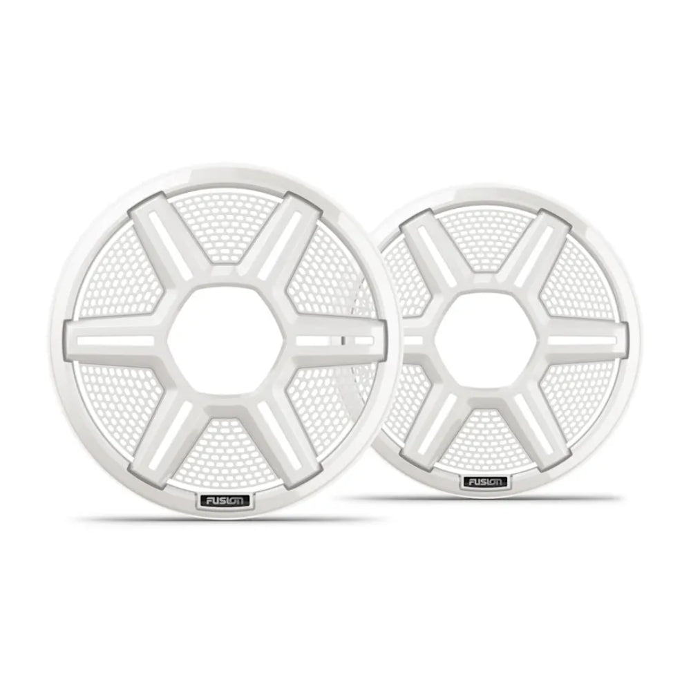 Fusion Apollo 010-13291-11 7.7in shielded white speaker grilles, pair of hex-spoke grilles with Fusion badge
